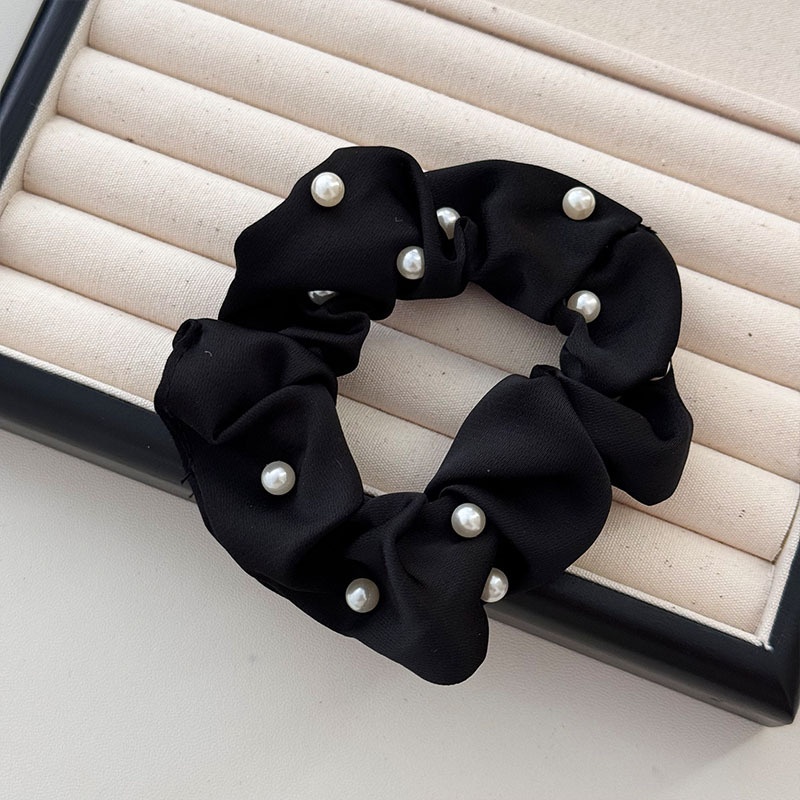 Women French Velvet Hair Scrunchie With Pearl Bow Knot Black