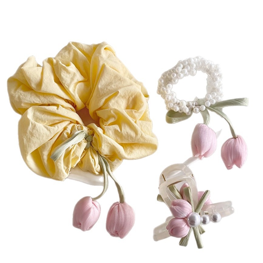 Women's Spring Pearl Inlay Cloth Hair Tie Sweet Tulip Flower