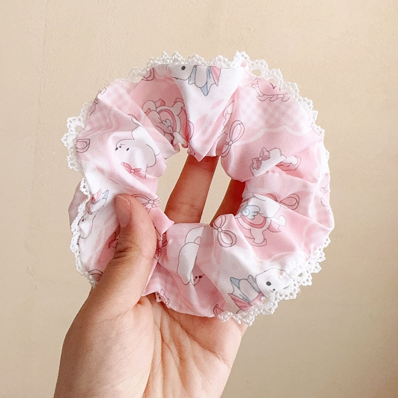 Women Spring Summer Cloth Hair Scrunchie Tie Romantic Polka Dot Lace