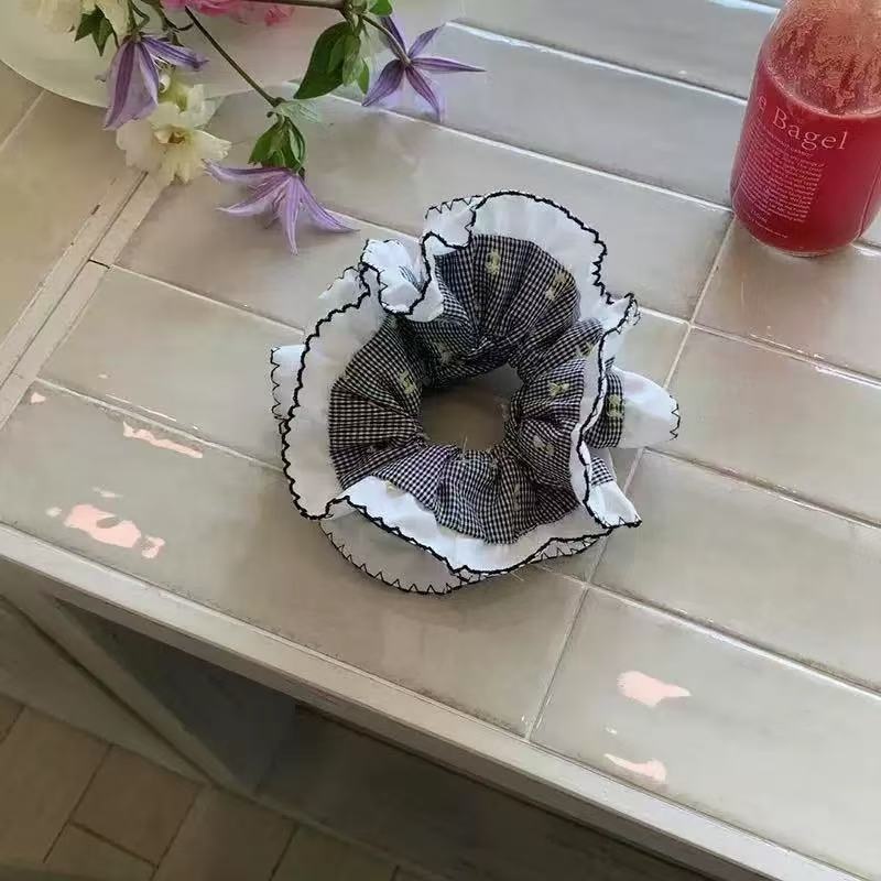 Women's Premium Oversized Lace Scrunchie Cloth Hair Tie Mint Plaid