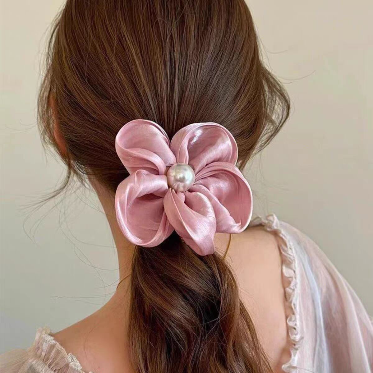 Women's High Elastic Pearl Telephone Cord Hair Tie Holiday Floral Scrunchie