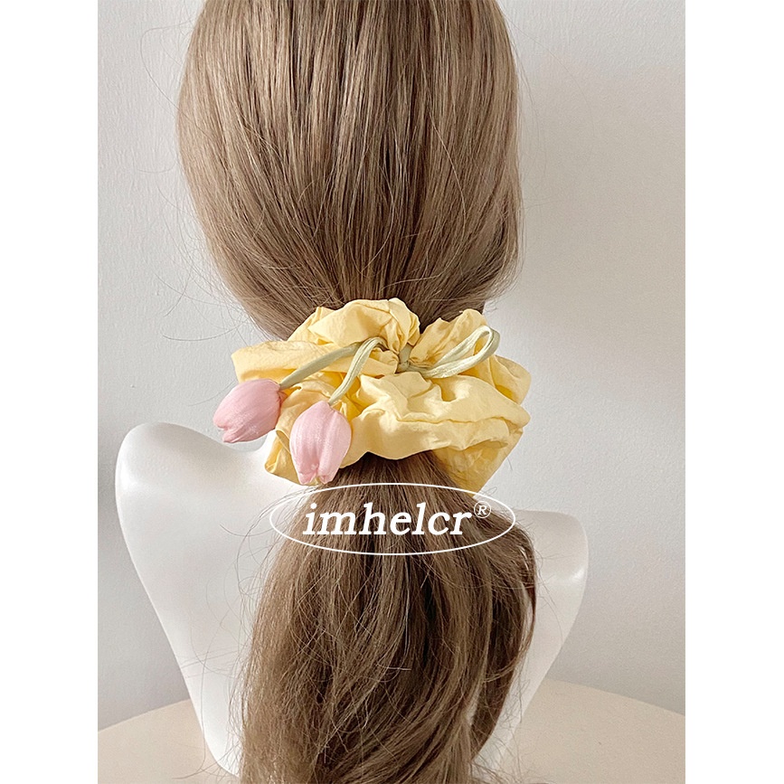 Women's Spring Pearl Inlay Cloth Hair Tie Sweet Tulip Flower