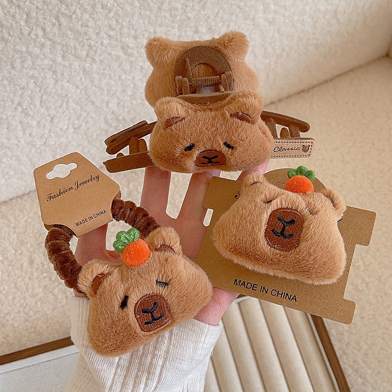 Women's Plush Rabbit Fur Hair Clip Ponytail Holder Cute Capybara Pattern
