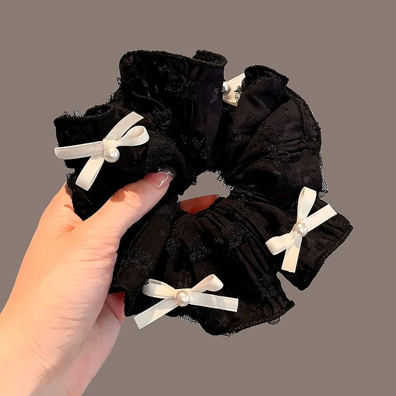 Women Spring Summer Cloth Hair Scrunchie Tie Romantic Polka Dot Lace
