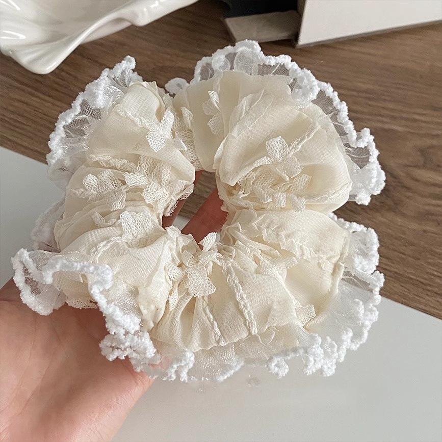 Women Spring Summer Cloth Hair Scrunchie Tie Romantic Polka Dot Lace