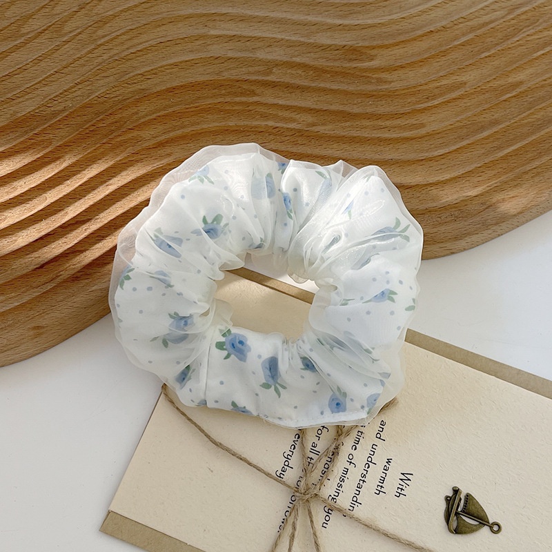 Women's Spring Summer Gauze Floral Hair Tie Rubber Band White