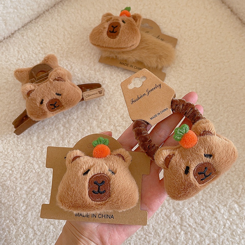 Women's Plush Rabbit Fur Hair Clip Ponytail Holder Cute Capybara Pattern