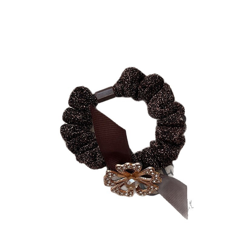 Women's Autumn Cloth Hair Tie Black Rhinestone Four Leaf Clover