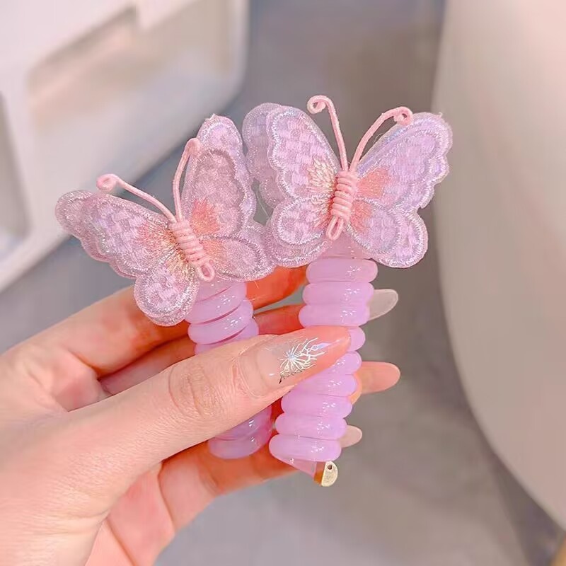 Girls Silicone Telephone Cord Ponytail Hair Rope Sweet Cartoon Butterfly
