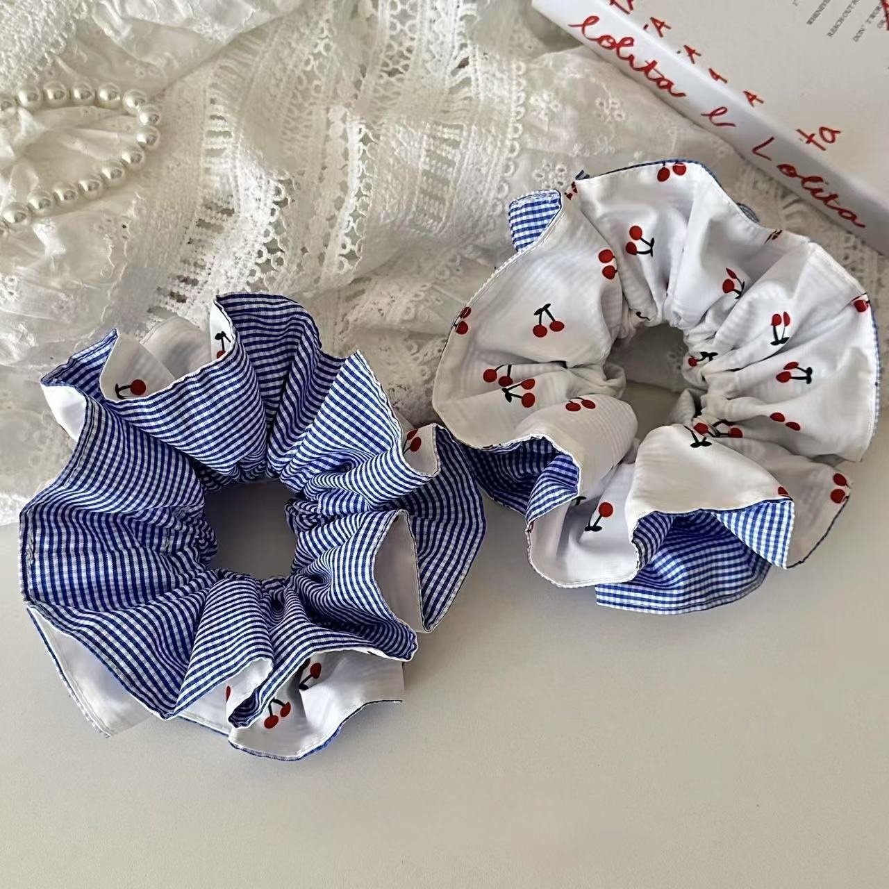Women's Ballet Lace Hair Scrunchie Blue White Plaid Cherry Print