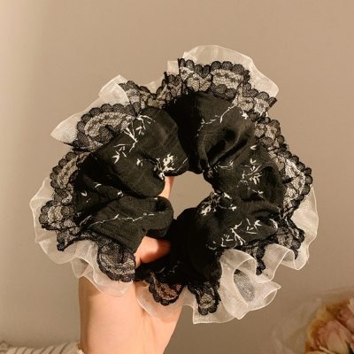 Women Spring Summer Cloth Hair Scrunchie Tie Romantic Polka Dot Lace