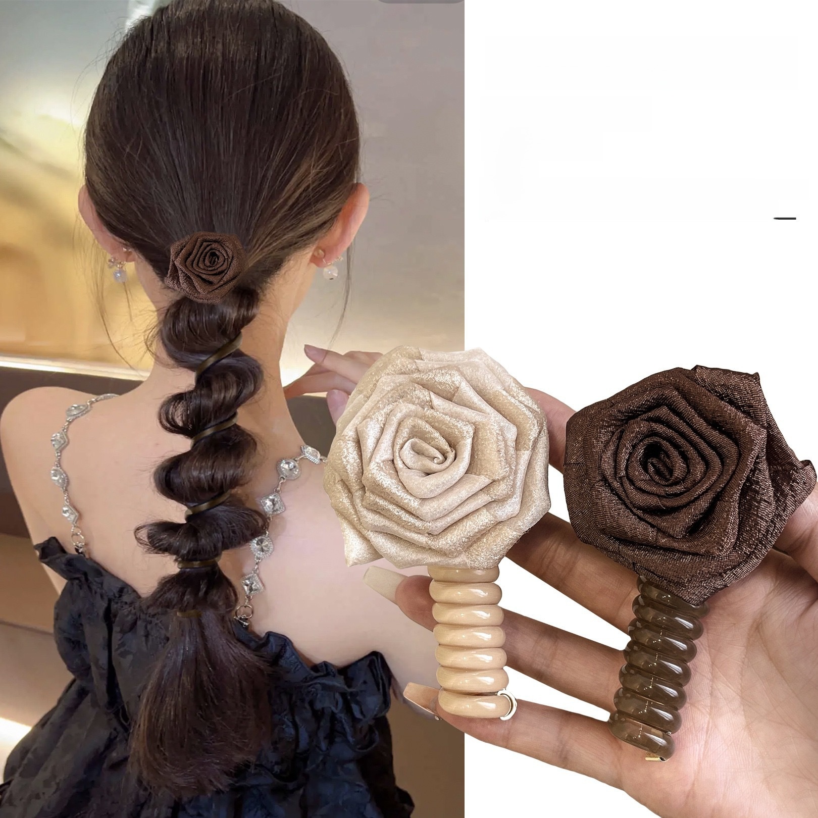 Women's Handmade Braided Telephone Line Hair Rope Dry Rose Flower