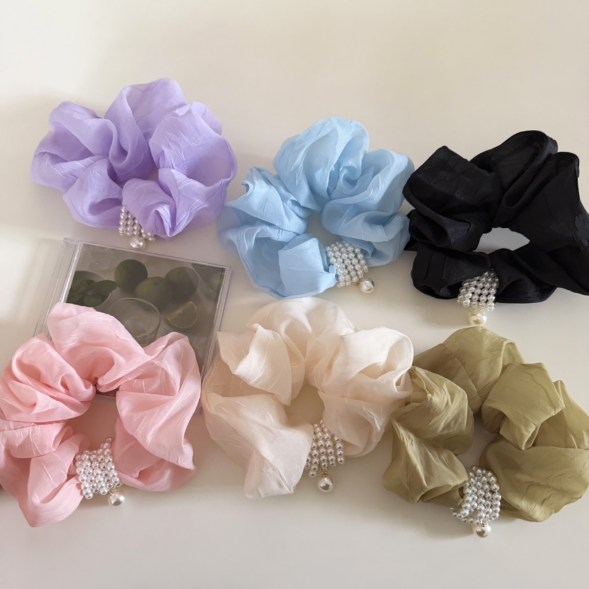 Women's French Soft Gauze Hair Tie For Daily Wear Black Pearl