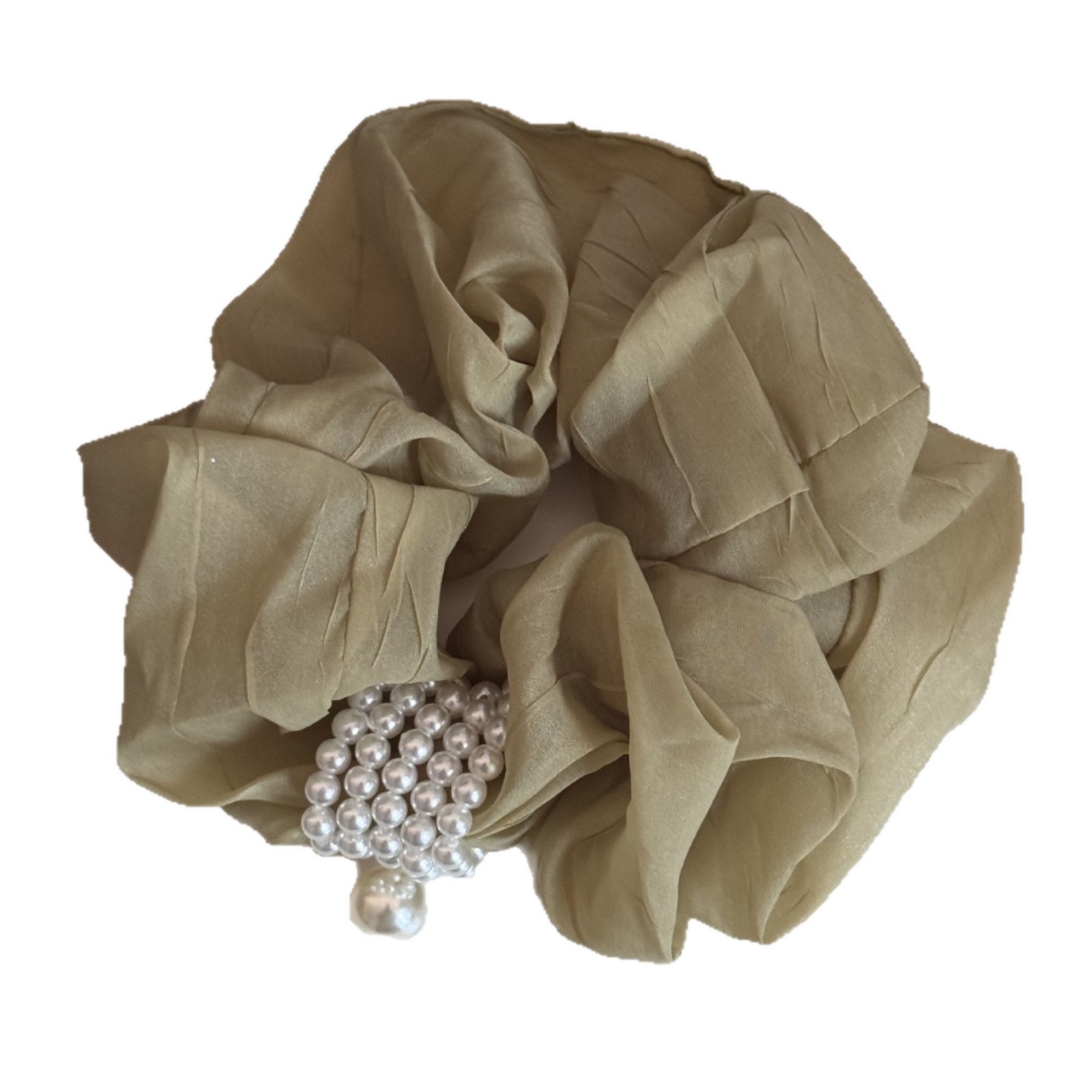 Women's Retro Tulle Pearl Hair Tie Elastic Scrunchie Beige