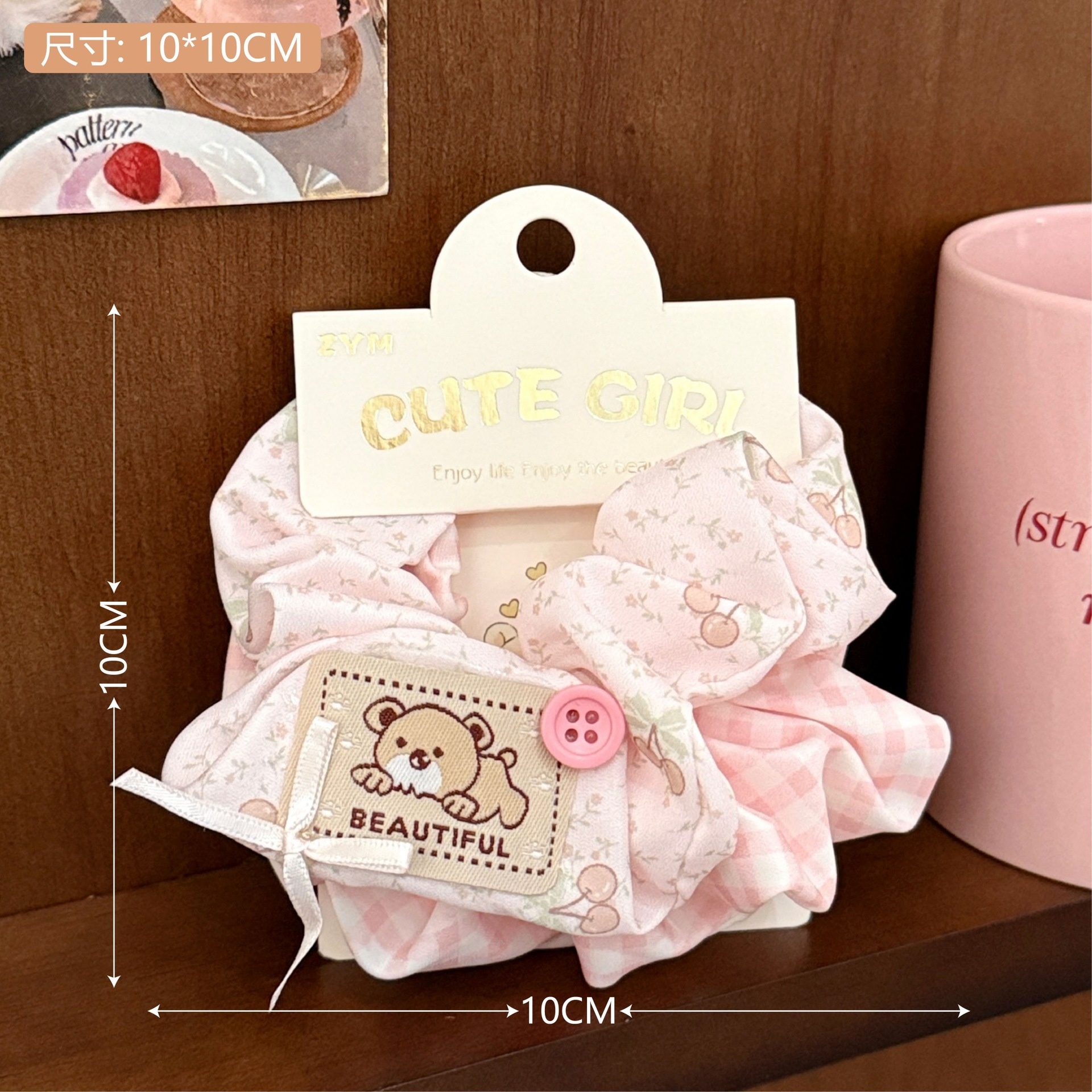 Girls Sweet Cloth Scrunchie Long Ribbon Bow Red Cherry Pattern