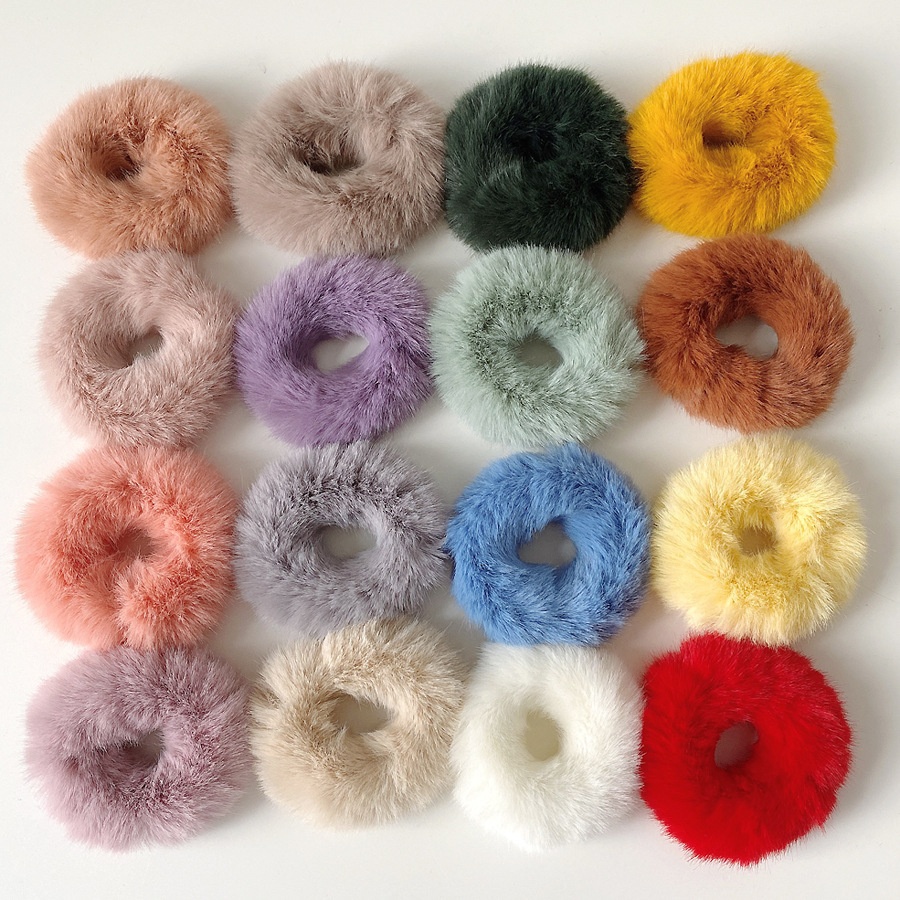 Women's Cute Plush Donut Hair Ties Winter Rabbit Fur Scrunchies Solid Color