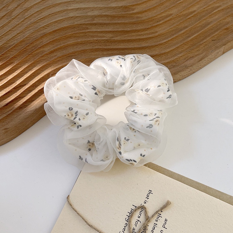 Women's Spring Summer Gauze Floral Hair Tie Rubber Band White