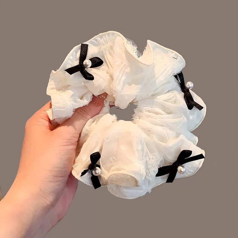 Women Spring Summer Cloth Hair Scrunchie Tie Romantic Polka Dot Lace