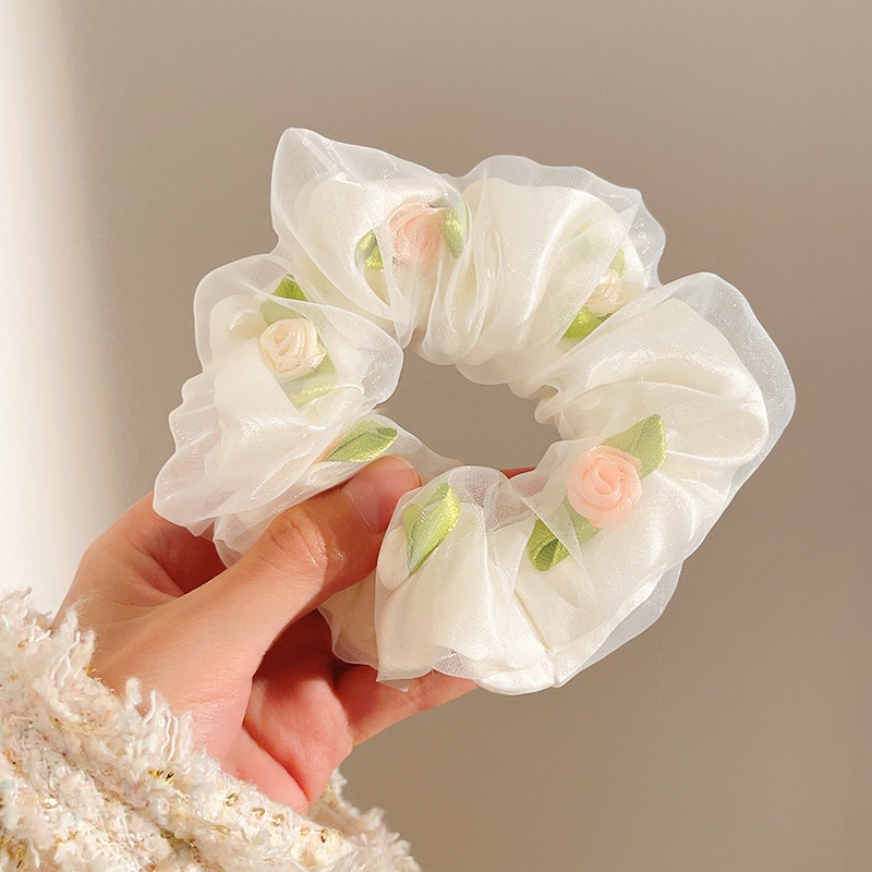 Women's Sweet Lace Ponytail Hair Tie Cloth Scrunchie Coral Lily Floral