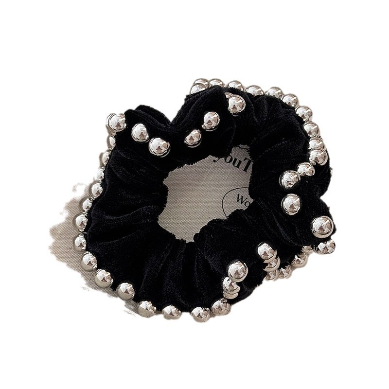 Women French Velvet Hair Scrunchie With Pearl Bow Knot Black
