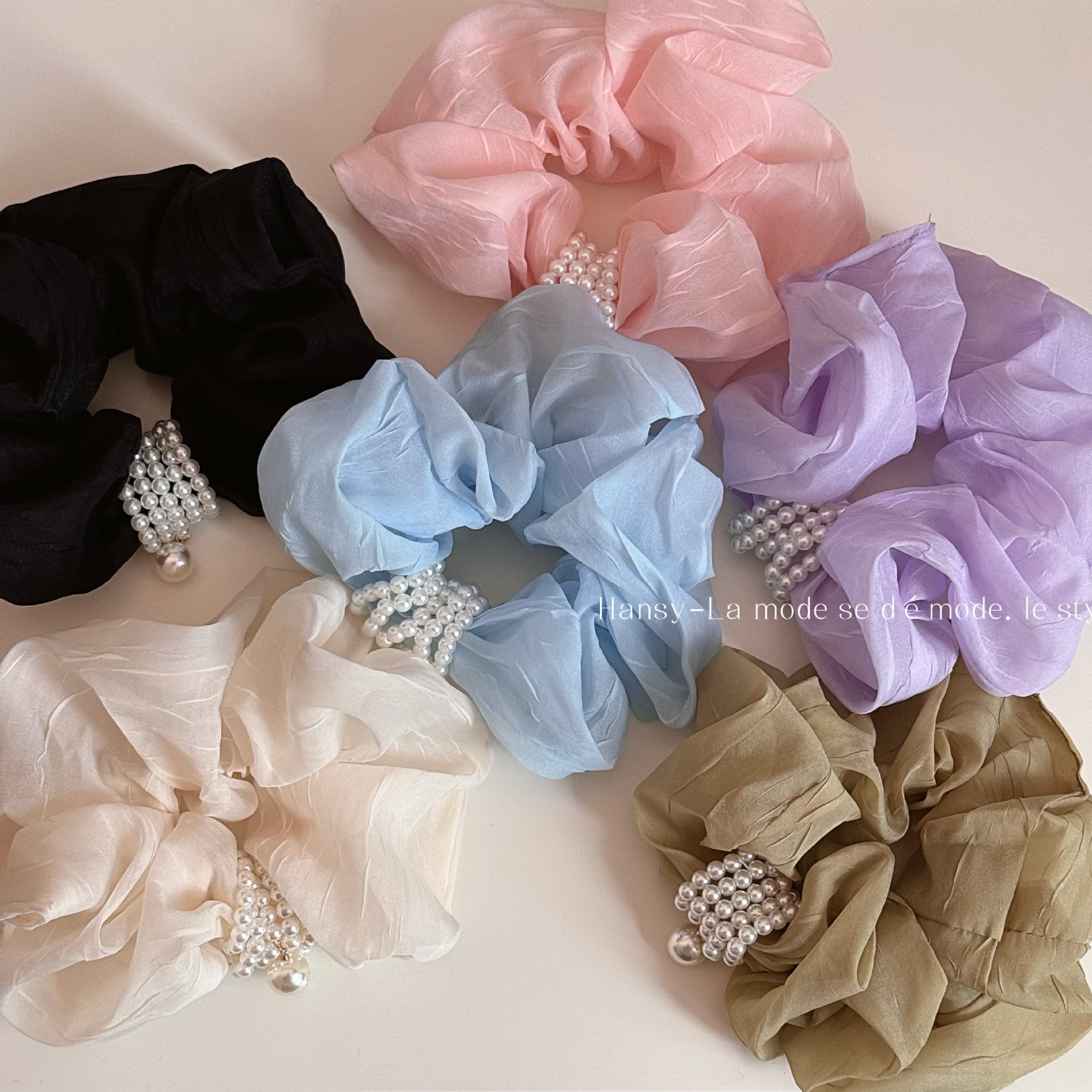 Women's Retro Tulle Pearl Hair Tie Elastic Scrunchie Beige