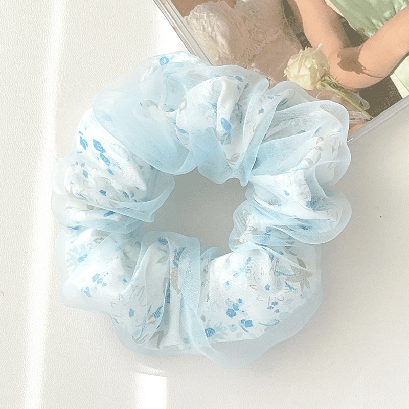 Women's Spring Summer Gauze Floral Hair Tie Rubber Band White