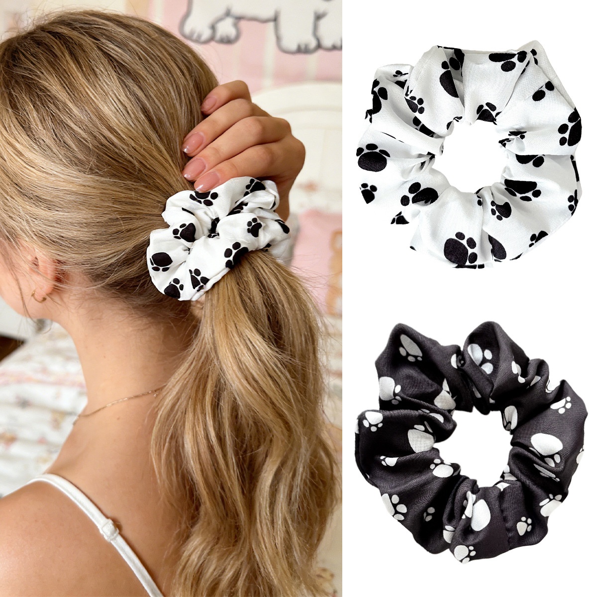 Women's Cute Winter Cloth Hair Tie Accessory Black White Paw Print
