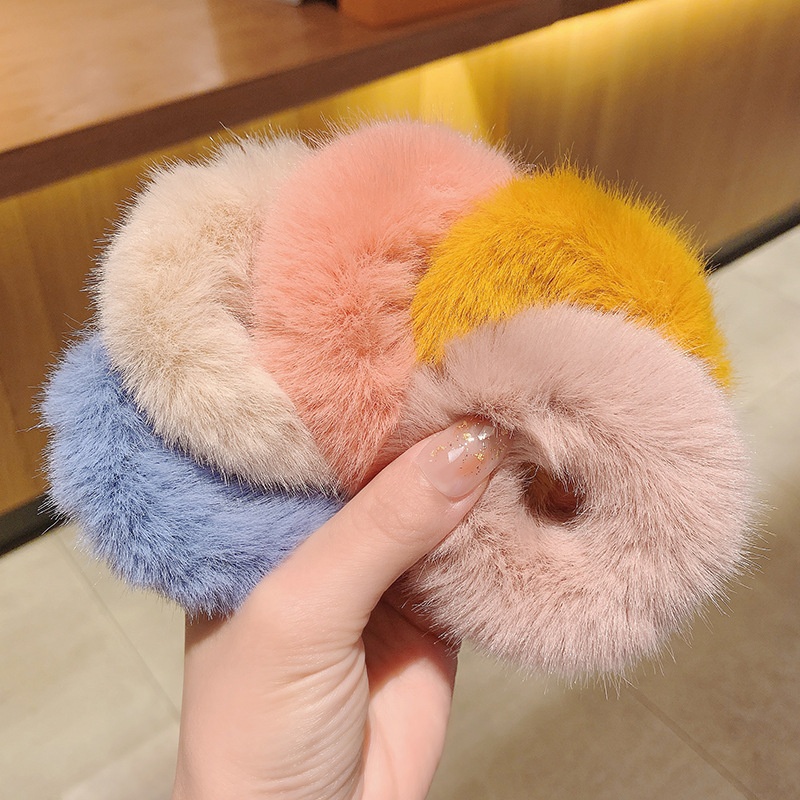 Women's Cute Plush Donut Hair Ties Winter Rabbit Fur Scrunchies Solid Color
