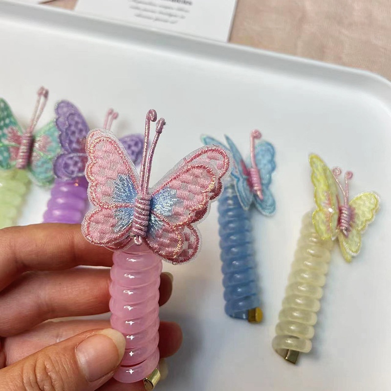 Girls Silicone Telephone Cord Ponytail Hair Rope Sweet Cartoon Butterfly