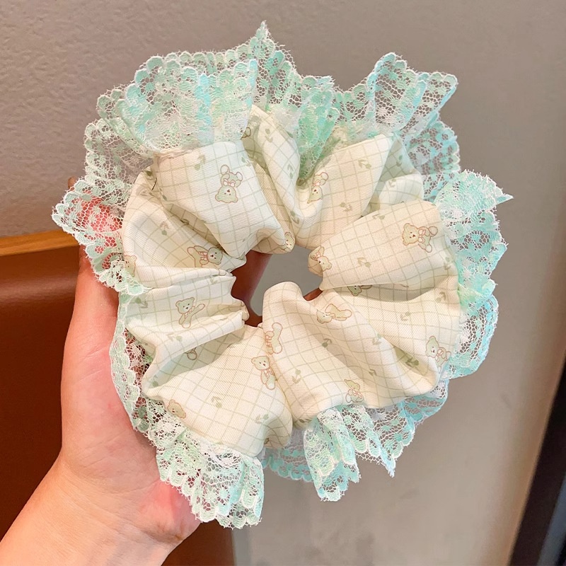 Women Spring Summer Cloth Hair Scrunchie Tie Romantic Polka Dot Lace
