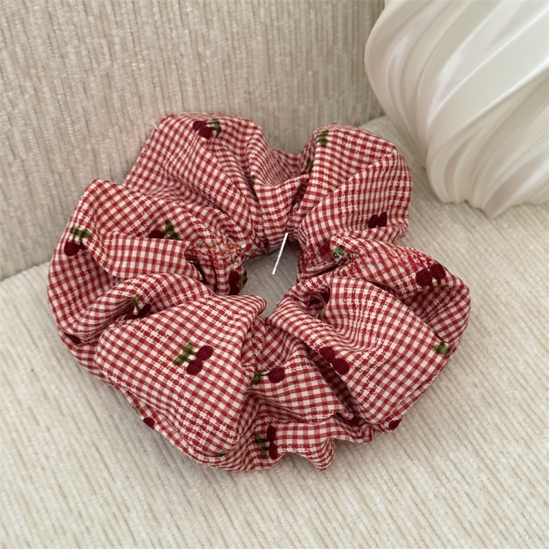 Women's All-Season Stylish Cloth Hair Scrunchies Cherry Checkered