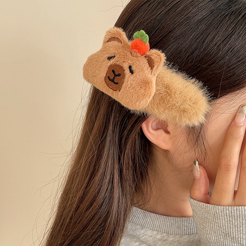 Women's Plush Rabbit Fur Hair Clip Ponytail Holder Cute Capybara Pattern