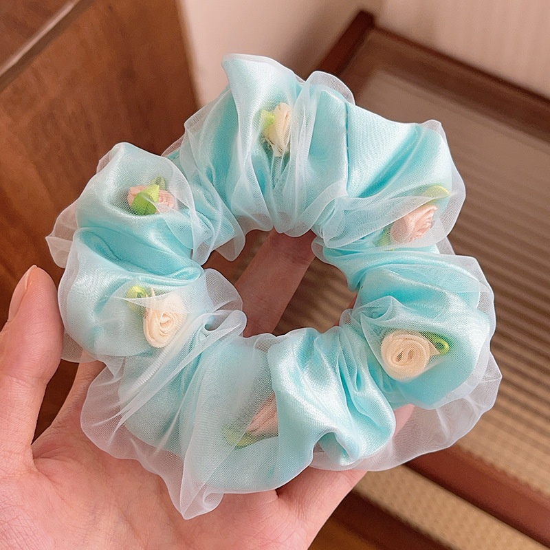 Women's Spring Summer Gauze Floral Hair Tie Rubber Band White