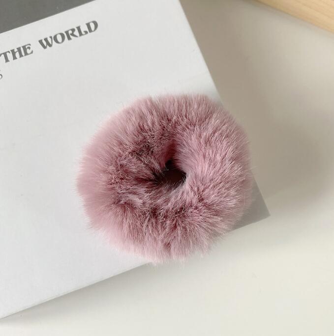 Women's Cute Plush Donut Hair Ties Winter Rabbit Fur Scrunchies Solid Color