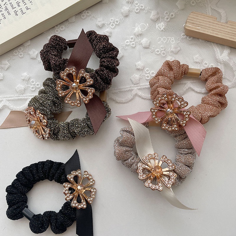 Women's Autumn Cloth Hair Tie Black Rhinestone Four Leaf Clover