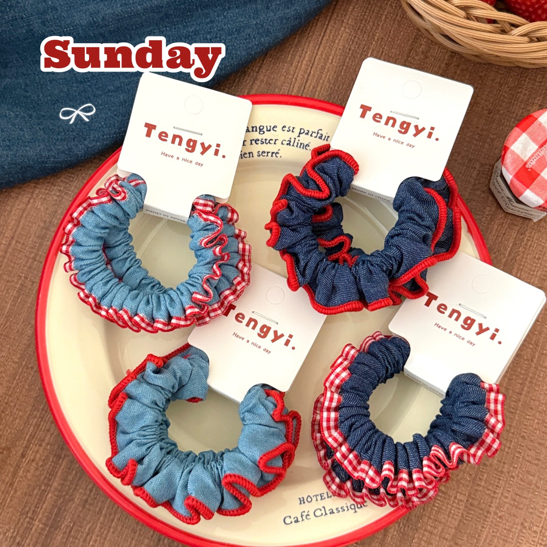 Girls Sweet Lace Trim Denim Ponytail Hair Ties Versatile Blue Cartoon Cloth