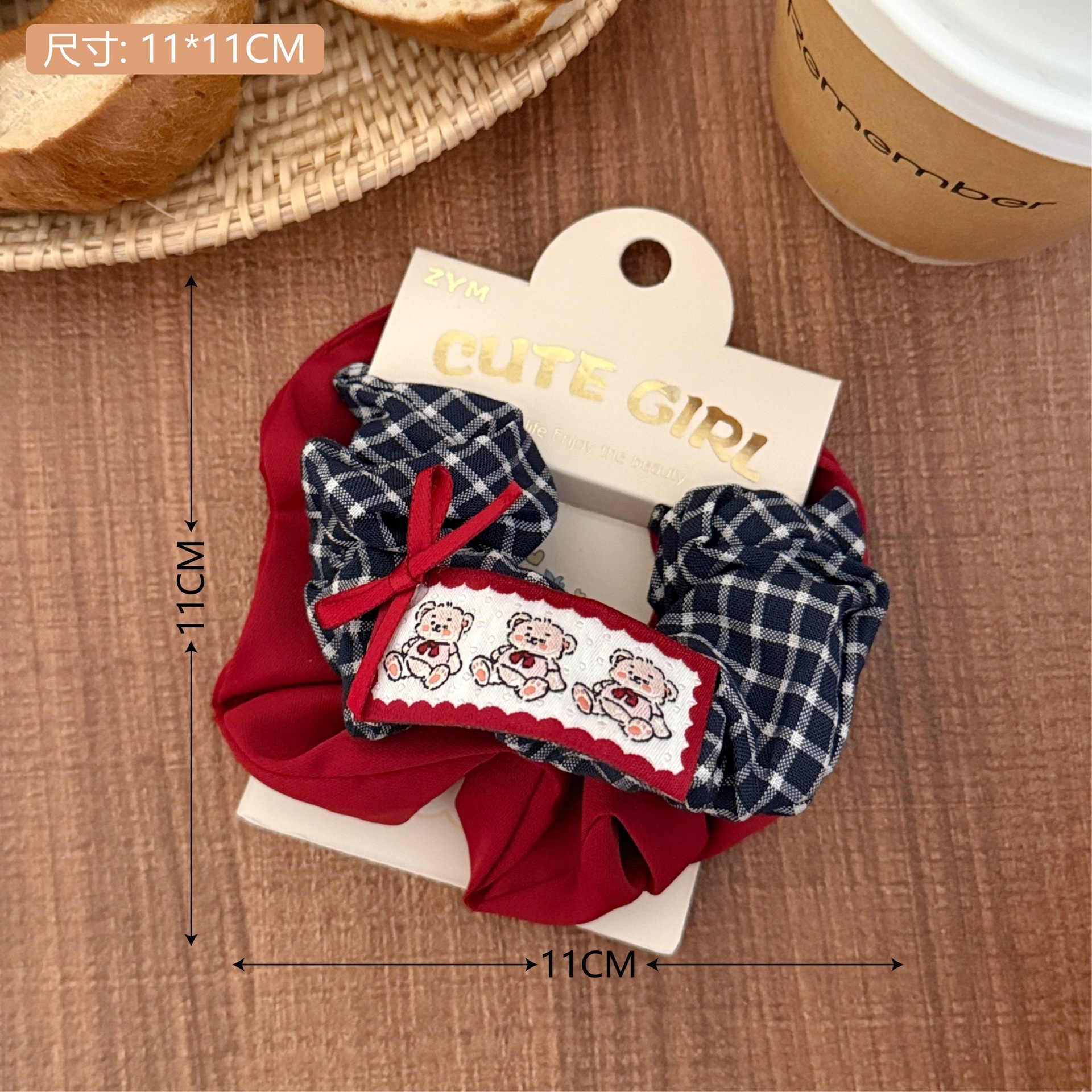 Girls Sweet Cloth Scrunchie Long Ribbon Bow Red Cherry Pattern