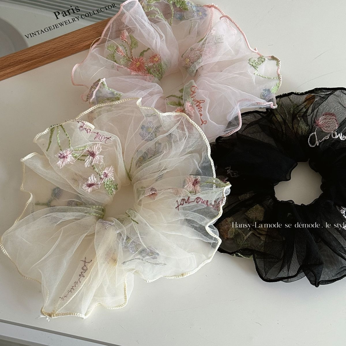 Women Gentle Fairy Mesh Hair Scrunchie Embroidered Floral Pleated
