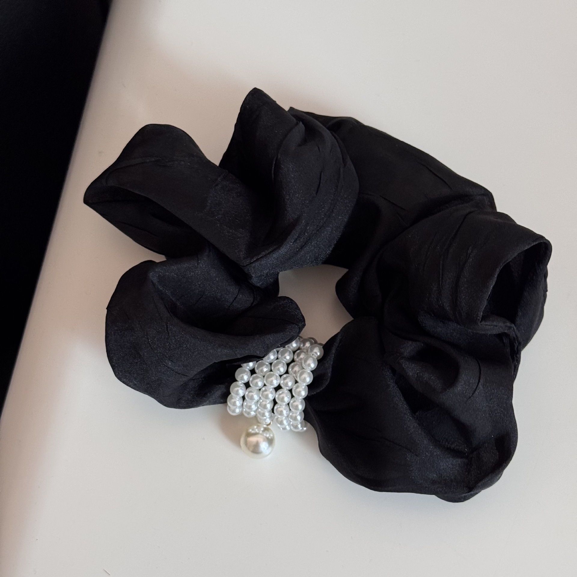 Women's Retro Tulle Pearl Hair Tie Elastic Scrunchie Beige