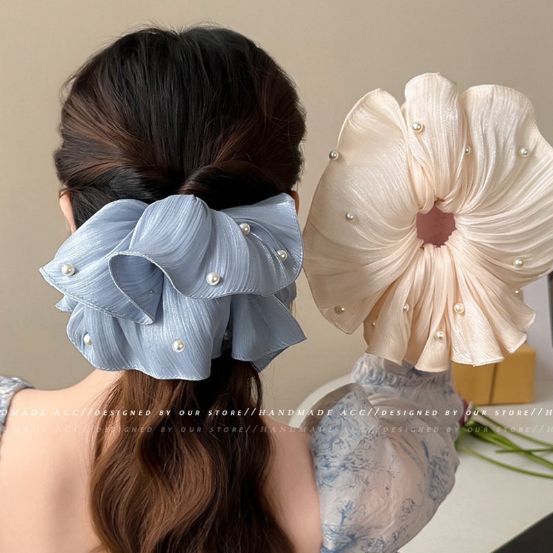 Women's Pearl Mesh Scrunchie Sweet French Floral Cloth Hair Tie