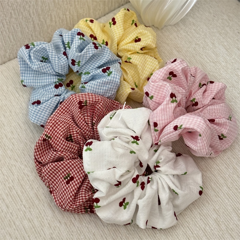 Women's All-Season Stylish Cloth Hair Scrunchies Cherry Checkered