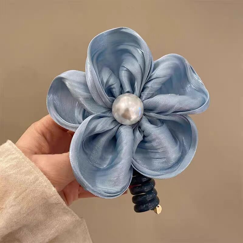 Women's High Elastic Pearl Telephone Cord Hair Tie Holiday Floral Scrunchie