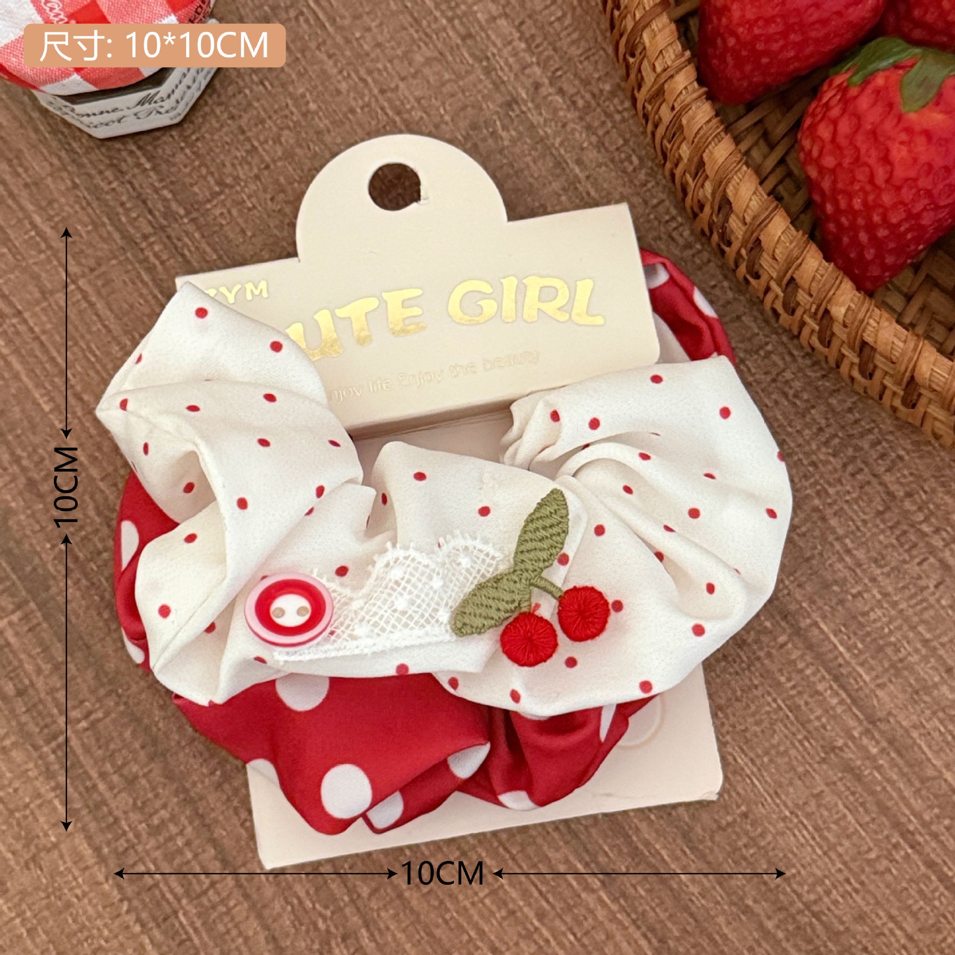 Girls Sweet Cloth Scrunchie Long Ribbon Bow Red Cherry Pattern