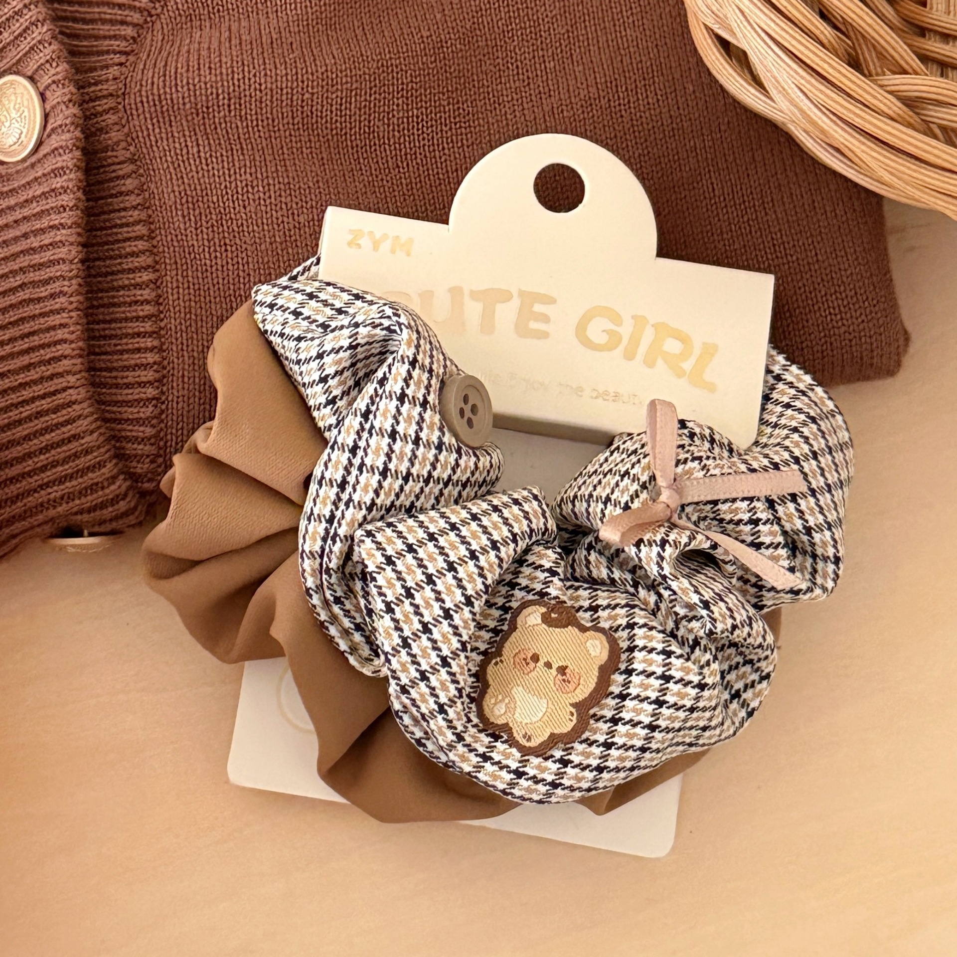 Girls Sweet Cloth Scrunchie Long Ribbon Bow Red Cherry Pattern