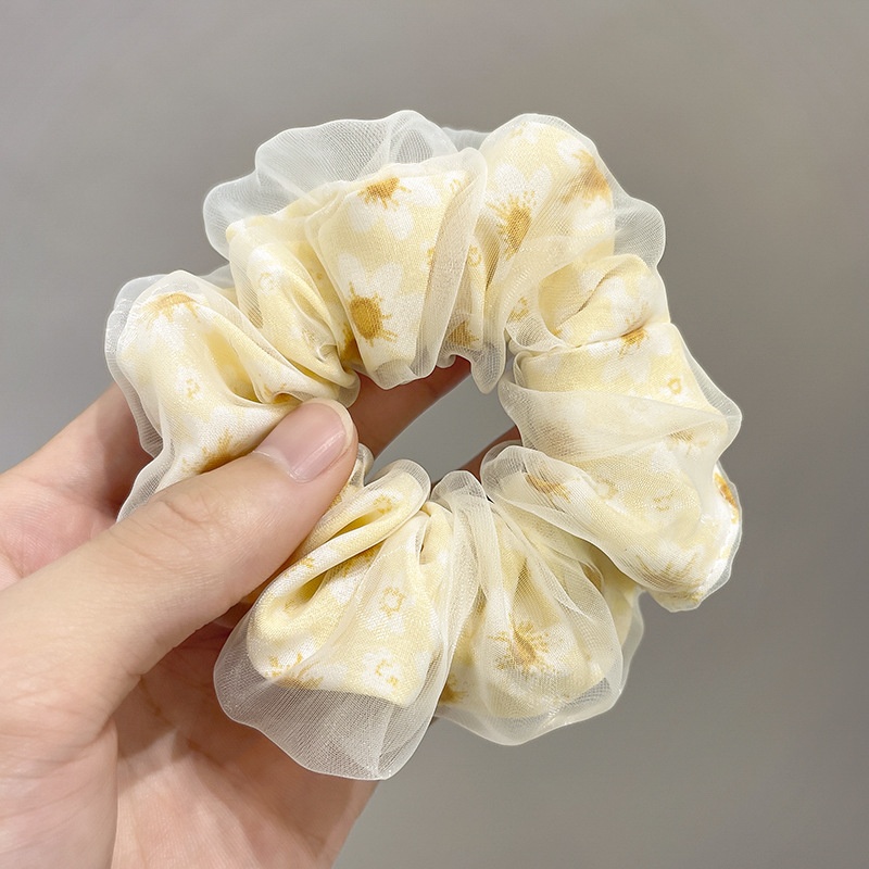 Women's Spring Summer Gauze Floral Hair Tie Rubber Band White
