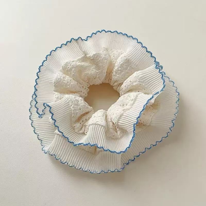 Women's Ballet Lace Hair Scrunchie Blue White Plaid Cherry Print