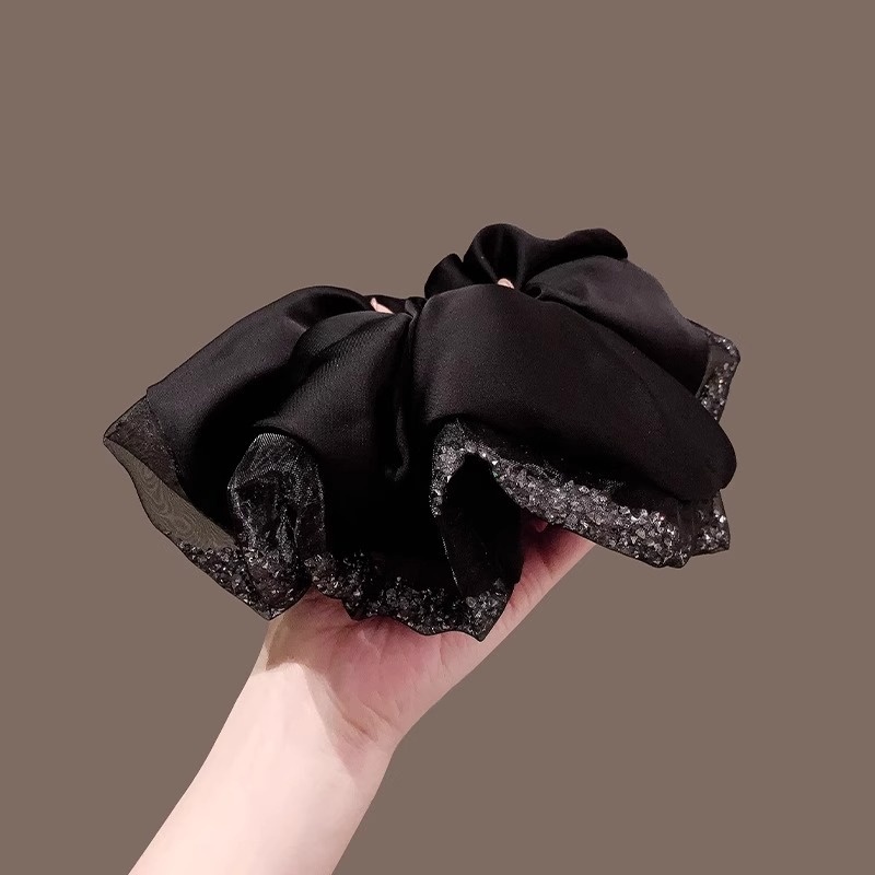 Women's Elegant Oversized Silk Satin Scrunchie Hair Accessory Black