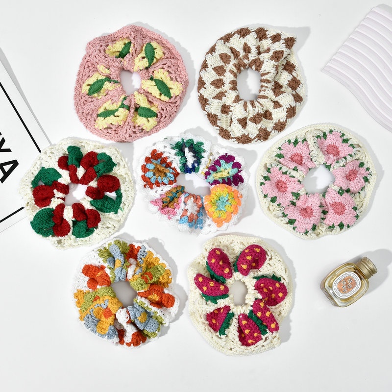 Women's Handmade Knitted Wool Ponytail Hair Tie Floral Butterfly Knot