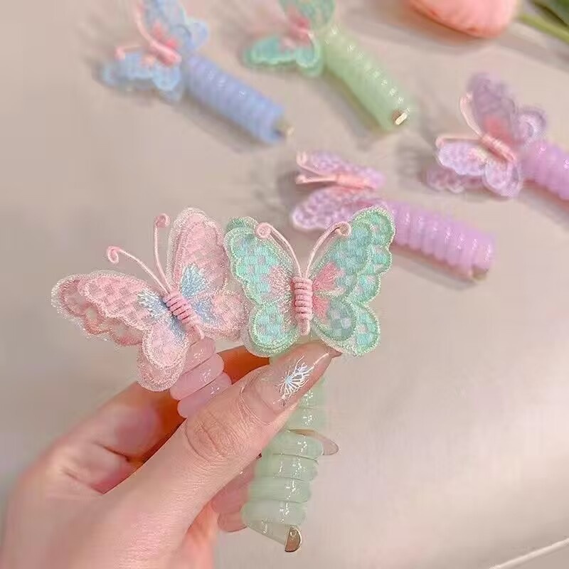 Girls Silicone Telephone Cord Ponytail Hair Rope Sweet Cartoon Butterfly