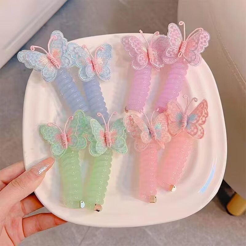 Girls Silicone Telephone Cord Ponytail Hair Rope Sweet Cartoon Butterfly